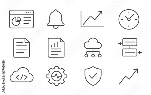 Software Monitoring Icons. Outline icon set of software lifecycle monitoring: dashboard, alert bell,