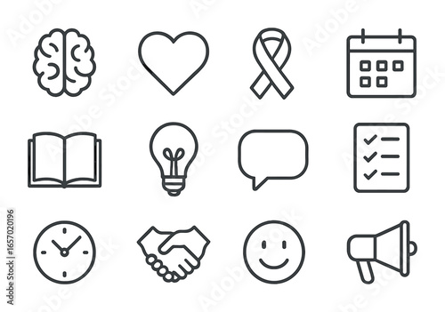 Mental Health Icons. Outline icon set of mental health awareness: brain, heart, ribbon, calendar, open book,