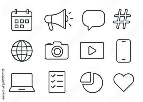 Brand Awareness Icons. Outline icon set of brand awareness campaigns: calendar, megaphone, speech bubble,