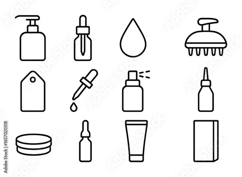 Scalp Oil Icon Set. Outline icon set of scalp treatment oils: pump bottle, dropper bottle, oil droplet, scalp