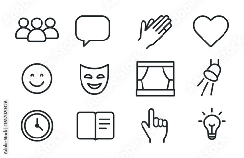 Audience Interaction Icons. Outline icon set of audience interaction: audience, speech bubble, clapping hands,