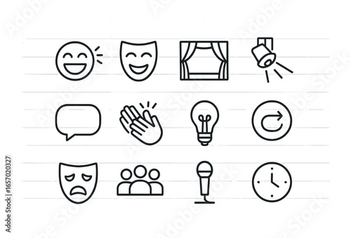 Comedy Improv Icons. Outline icon set of comedy improv: laughter icon, smile mask, stage, spotlight, speech