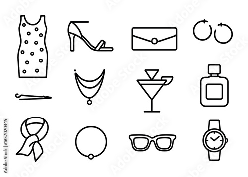 Summer Party Outfits Icons. Outline icon set of summer evening party outfits: sequin dress, strappy heels,