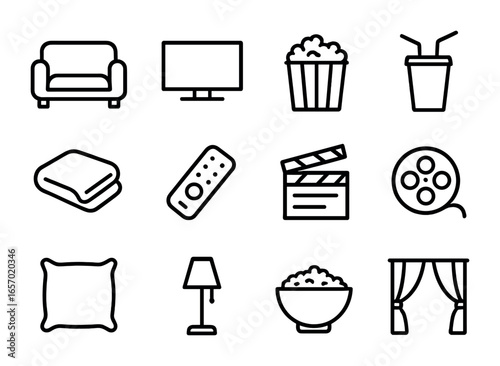 Home Theater Icons. Outline icon set of weekend home theater: couch, TV screen, popcorn bucket, soda cup,