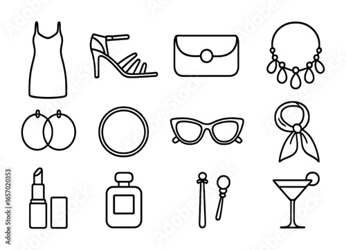 Sunset Soirée Icons. Outline icon set of sunset soirée fashion: satin dress, strappy heels, clutch bag,