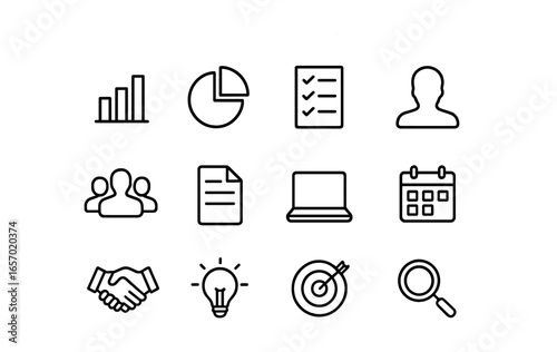 Marketing Icon Set. Outline icon set of marketing performance review: bar chart, pie chart, checklist, manager
