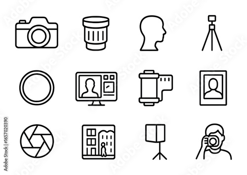 Photography Icon Set. Outline icon set of storytelling black and white portraits: camera, lens, portrait