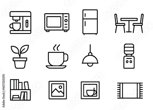 Office Break Room Icons. Outline icon set of office break rooms: coffee machine, microwave, refrigerator,