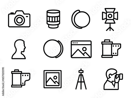 Photography Icon Set. Outline icon set of high contrast black and white portraits: camera, lens, portrait