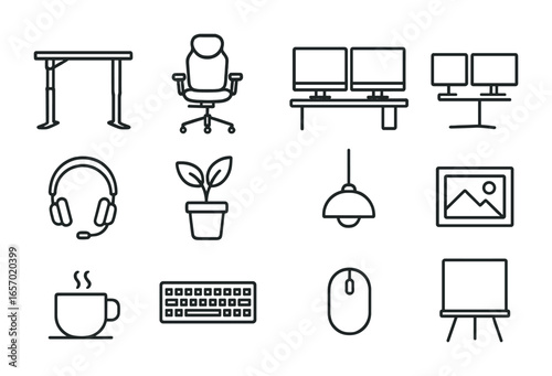 Tech Office Icon Set. Outline icon set of high-tech office setups: standing desk, ergonomic chair, desktop