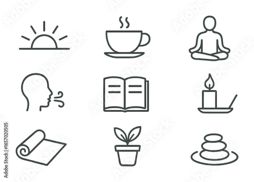 Mindful Morning Icons. Outline icon set of mindful morning practices: sunrise, cup of tea, lotus flower,