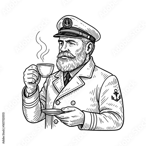 A vintage illustration of a captain enjoying a cup of tea and smoking a pipe.