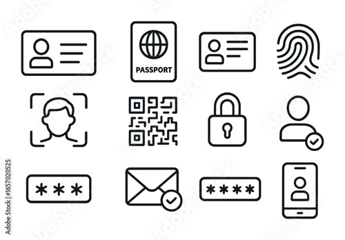 Identity Verification Icons. Outline icon set of identity verification methods: ID card, passport, driver’s