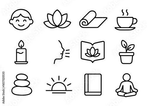 Mindfulness Icons Collection. Outline icon set of children’s mindfulness activities: smiling child, lotus