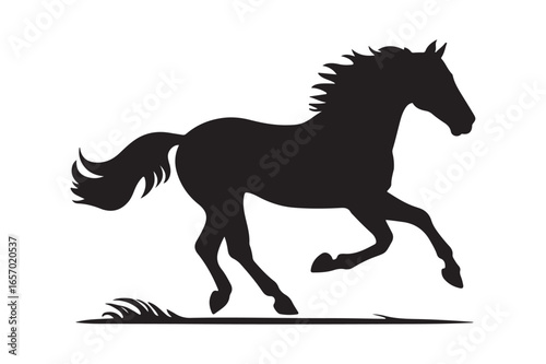 Black silhouette of a powerful horse galloping freely