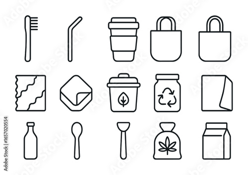 Zero Waste Icons. Outline icon set of zero waste lifestyle: bamboo toothbrush, stainless steel straw, reusable