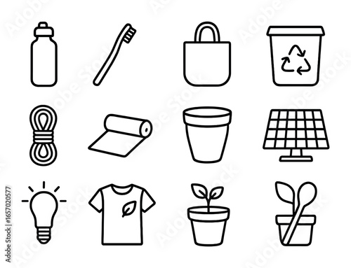 Eco-Friendly Icons Collection. Outline icon set of green living inspiration: reusable bottle, bamboo
