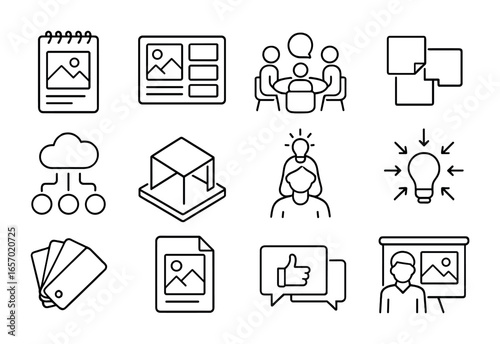 Collaborative Design Icons. Outline icon set of collaborative design sessions: sketchpad, mood board, group