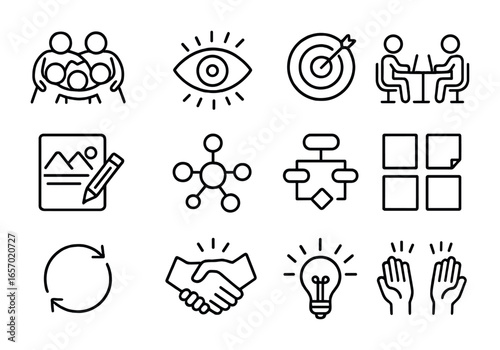 Creative Teamwork Icons. Outline icon set of managing creative teamwork: team huddle, vision statement, goal