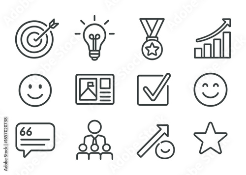 Remote Work Motivation Icons. Outline icon set of staying motivated while remote: goal target, inspiration