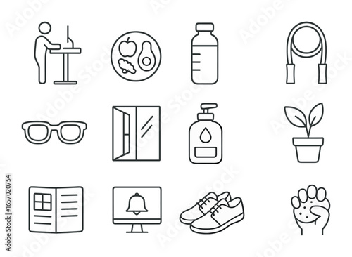 Healthy Remote Work Icons. Outline icon set of healthy remote work habits: standing desk, balanced meal, water