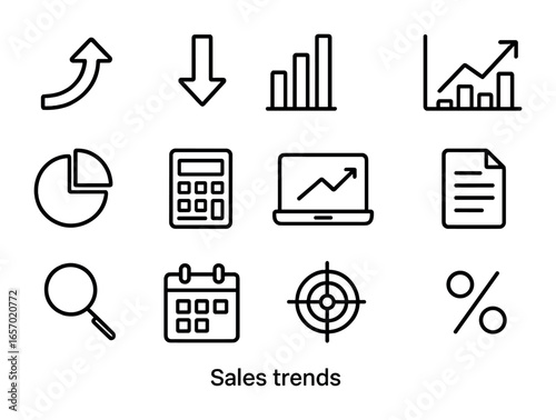 Sales Trends Icons. Outline icon set of sales trends: upward arrow, downward arrow, bar chart, line graph, pie