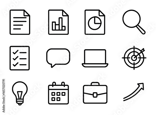 Marketing Research Icons. Outline icon set of marketing research reports: document, bar chart, pie chart,