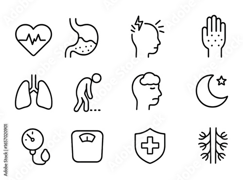 Stress Illness Icons. Outline icon set of stress-related illnesses: heart with pulse, stomach icon, migraine
