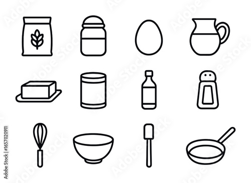 Pancake Ingredients Icons. Outline icon set of kitchen ingredients for pancakes: flour bag, sugar jar, egg,