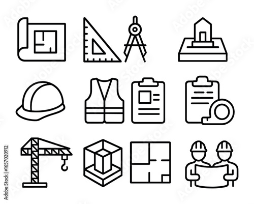 Architecture Tools Icons. Outline icon set of architecture teamwork: blueprint, ruler, compass, scale model,