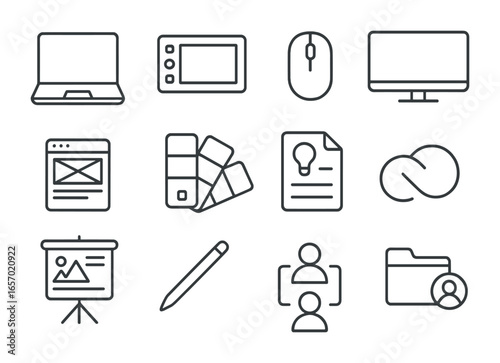 Digital Design Icons. Outline icon set of digital design collaboration: laptop, graphic tablet, mouse, monitor