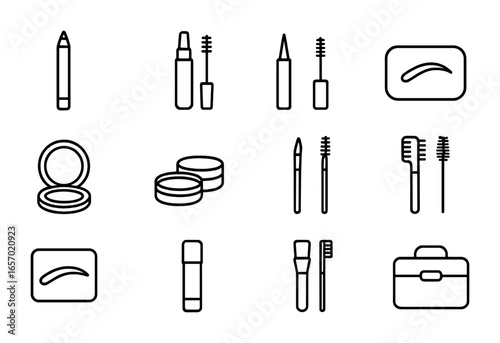 Eyebrow Shaping Icons. Outline icon set of eyebrow shaping products: brow pencil, tinted gel, clear gel, brow