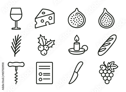 Seasonal Wine Icons. Outline icon set of seasonal wine and cheese selection: wine glass, cheese wedge,