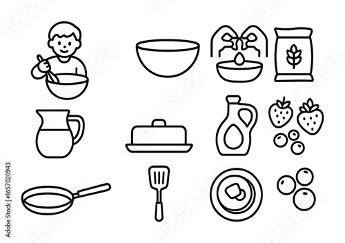 Pancake Making Icons. Outline icon set of kids helping make pancakes: child with whisk, mixing bowl, egg