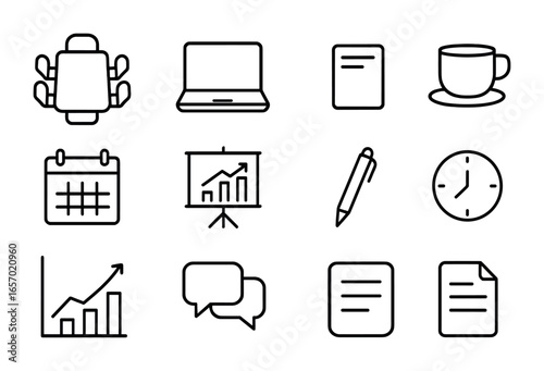 Business Meeting Icons. Outline icon set of business meeting: conference table, chairs, laptop, notepad,