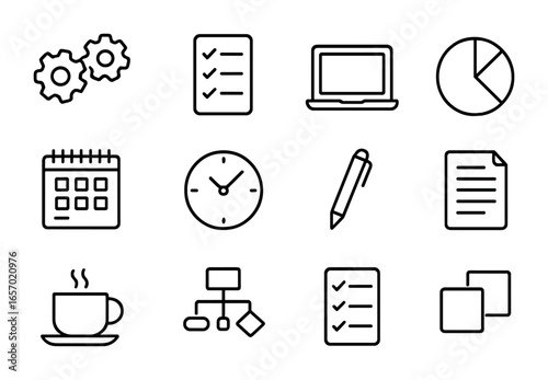 Workflow Icon Set. Outline icon set of workflow management: gears, checklist, laptop, pie chart, calendar,