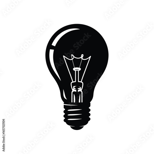 black vector silhouette of a classic incandescent light bulb with visible filament inside, slightly angled for depth, smooth bold lines, flat minimal style, centered on white background 