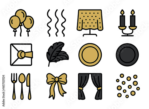 Gold and Black Buffet. Outline icon set of gold and black color theme decor: gold balloons, black streamers,