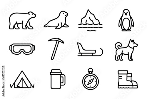 Arctic Icons Grid. Outline icon set of Arctic wildlife trips: polar bear, seal, iceberg, penguin, snow goggles