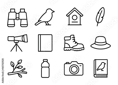 Birdwatching Icon Collection. Outline icon set of birdwatching tours: binoculars, bird silhouette, birdhouse,