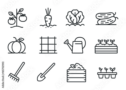 Garden Layout Icons. Outline icon set of vegetable garden layouts: tomato plant, carrot, lettuce, cucumber,