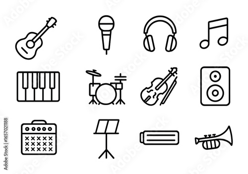 Musician Equipment Icons. Outline icon set of musician equipment: guitar, microphone, headphones, music note,