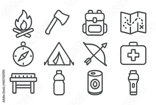 Survival Gaming Icons. Outline icon set of survival gaming: campfire, axe, backpack, map, compass, tent, bow