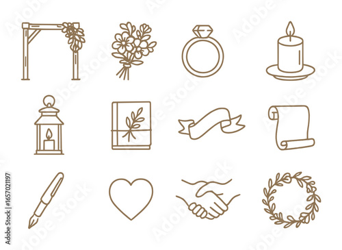 Rustic Vow Icon Set. Outline icon set of rustic vow setups: wooden arch, bouquet, ring, candle, lantern, vow