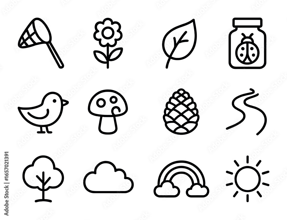 Fototapeta premium Nature Play Icons. Outline icon set of children playing in nature: butterfly net, flower, leaf, bug jar, bird,