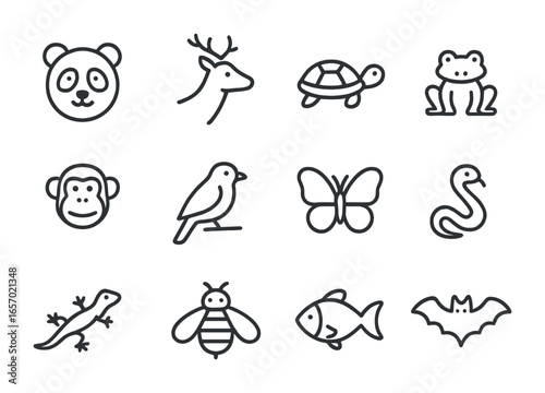 Bamboo Wildlife Icons. Outline icon set of bamboo wildlife sanctuaries: panda, deer, turtle, frog, monkey,