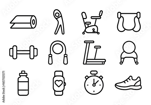 Workplace Exercise Icon Set. Outline icon set of workplace exercise breaks: yoga mat, stretching figure, desk