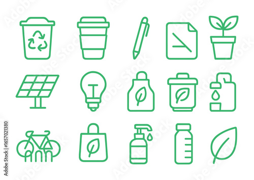 Eco-Friendly Office Icons. Outline icon set of green office initiatives: recycling bin, reusable cup, bamboo