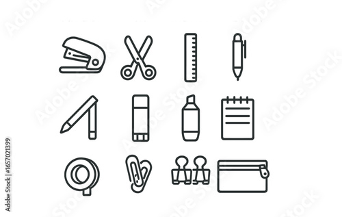 Travel Stationery Essentials. Outline icon set of travel-friendly stationery kit: mini stapler, pocket
