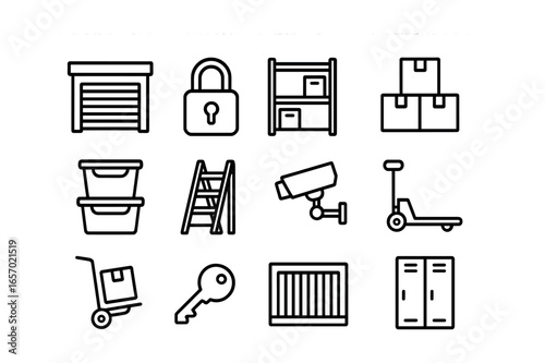 Storage Icon Set. Outline icon set of storing items in temporary storage: storage unit, padlock, shelving,